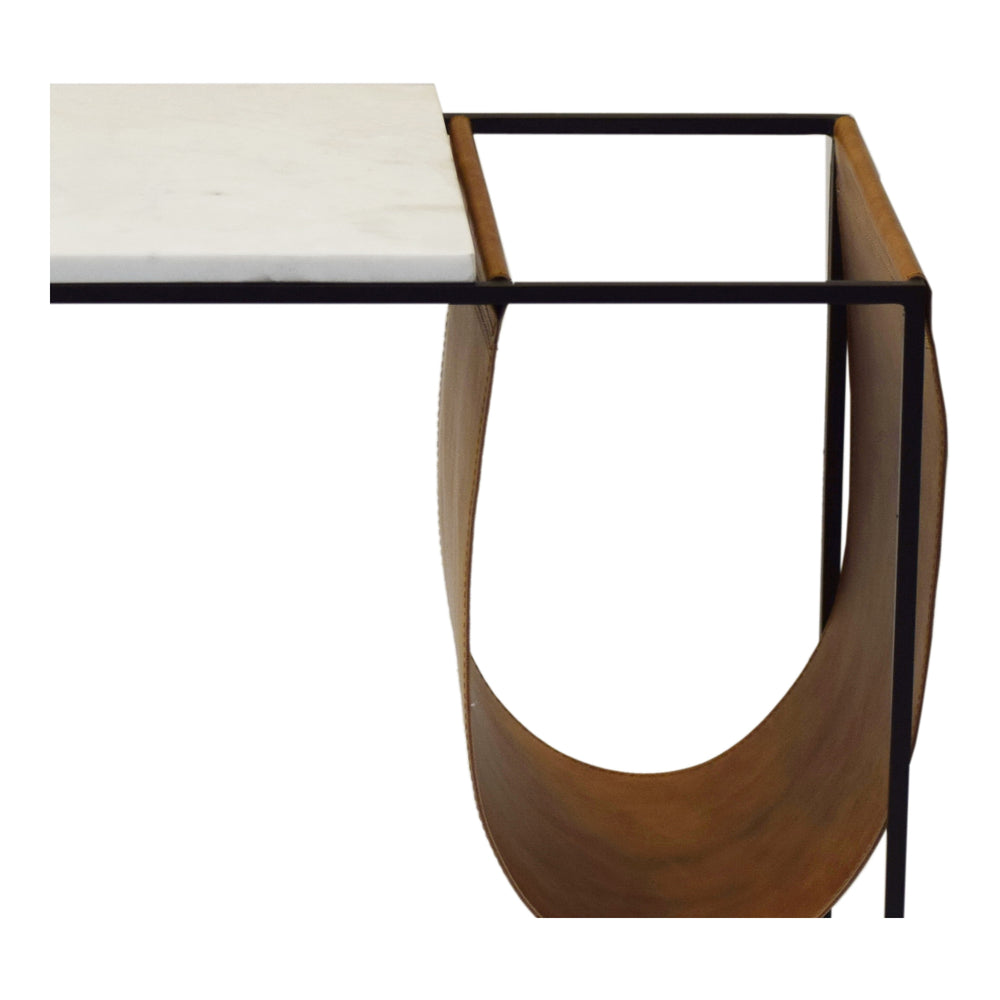 Cave Magazine Rack with Marble Top and Tan Sling