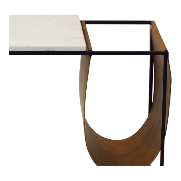 Cave Magazine Rack with Marble Top and Tan Sling