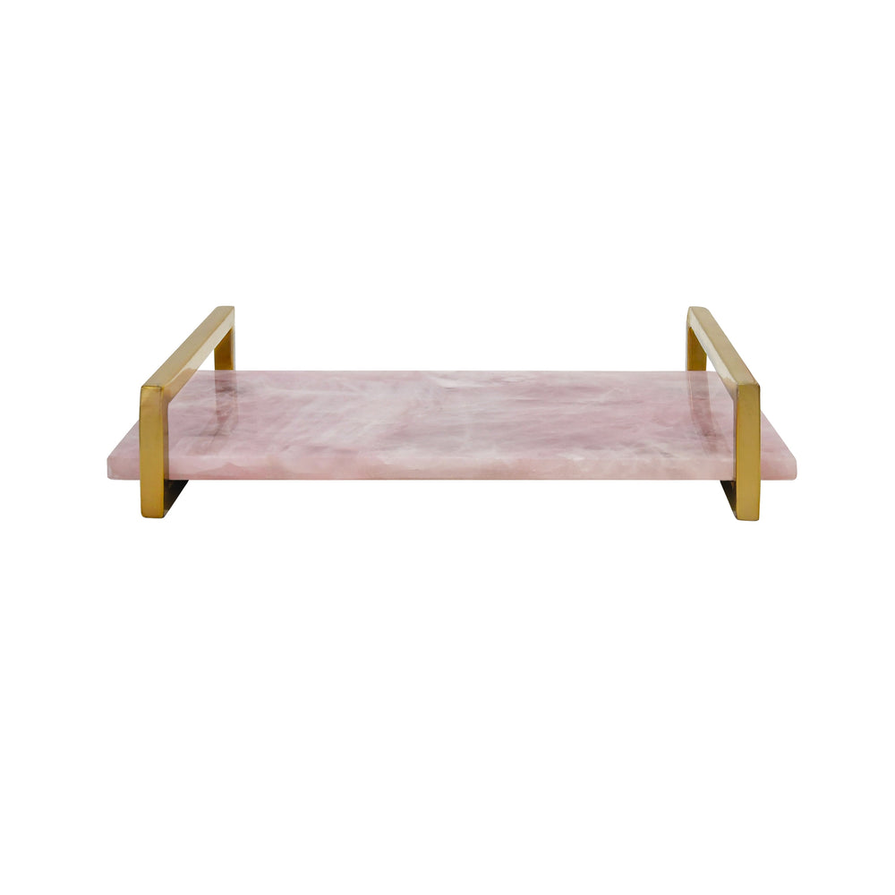 PINK QUARTZ TRAY WITH BRASS HANDLES