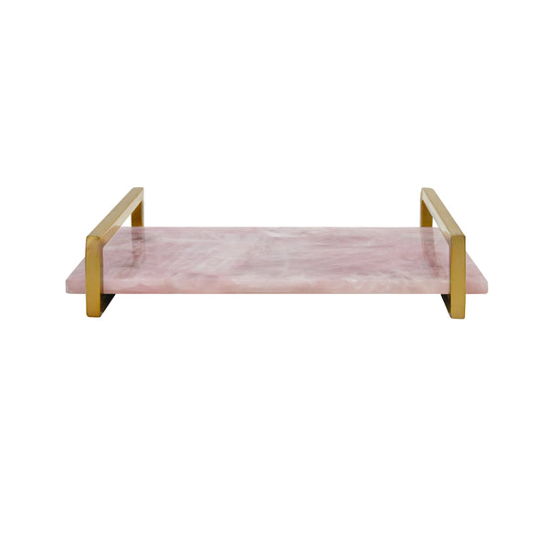 PINK QUARTZ TRAY WITH BRASS HANDLES