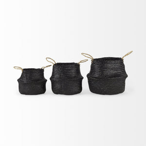 Ella 9.8L x 9.8W x 11.0H (Set of 3) Black Seagrass Basket W/ Light Brown Handles