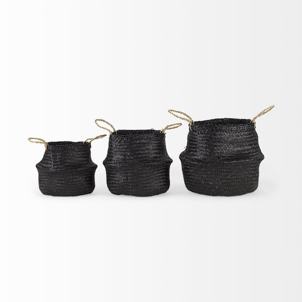 Ella 9.8L x 9.8W x 11.0H (Set of 3) Black Seagrass Basket W/ Light Brown Handles