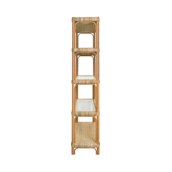 RATTAN ETAGERE WITH SEAGRASS WRAPPED AND CLEAR GLASS SHELVES