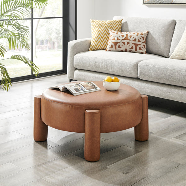 Elora Faux Leather Round Ottoman, Vintage Cider