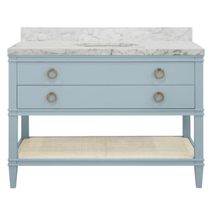 BATH VANITY IN MATTE LIGHT BLUE LACQUER WITH OPEN CANE SHELF, WHITE MARBLE TOP, PORCELAIN SINK, AND ANTIQUE BRASS RING HARDWARE, 48" WIDE