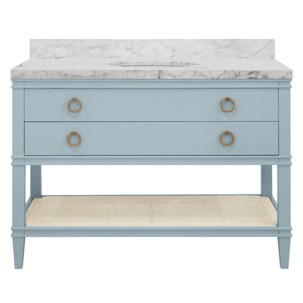 BATH VANITY IN MATTE LIGHT BLUE LACQUER WITH OPEN CANE SHELF, WHITE MARBLE TOP, PORCELAIN SINK, AND ANTIQUE BRASS RING HARDWARE, 48" WIDE