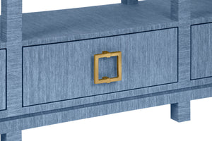 OPEN SHELF CONSOLE WITH THREE BOTTOM DRAWERS AND SQUARE SATIN BRASS HARDWARE IN DYED BLUE GRASSCLOTH