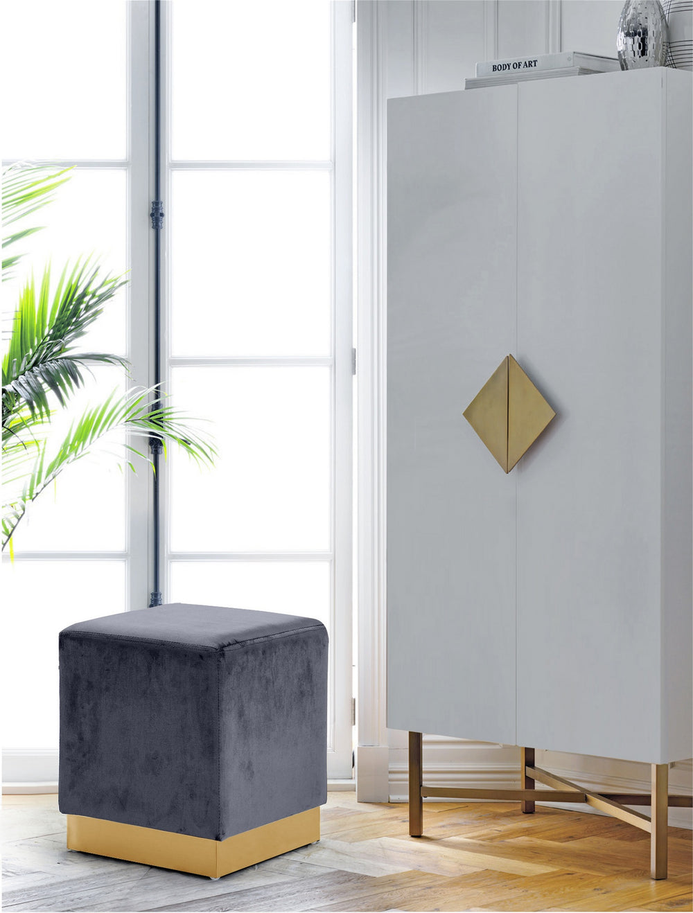 Daniel Ottoman/Stool In Grey Velvet and Gold