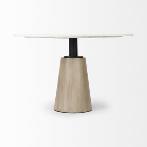 Maxwell 48L x 48W x 30H White Marble Round Top W/ Black Metal and Wood Pedestal Base Dining Table