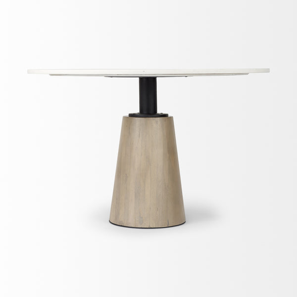 Maxwell 48L x 48W x 30H White Marble Round Top W/ Black Metal and Wood Pedestal Base Dining Table