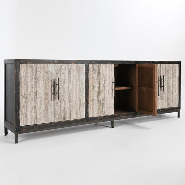 Lisbon Solid Wood 6Dr Cabinet - Weathered Black/Travertine