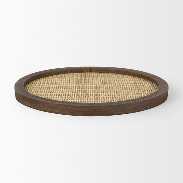 Silas Cane and Medium Brown Wood Round Tray