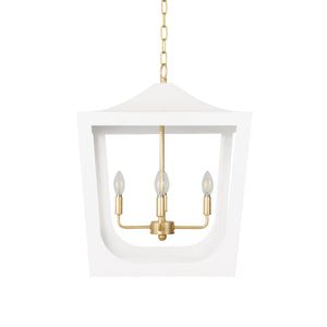 MODERN PAGODA LANTERN WITH FOUR LIGHT GOLD LEAF CLUSTER, BODY IN WHITE POWDER COAT