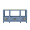 OPEN SHELF CONSOLE WITH THREE BOTTOM DRAWERS AND SQUARE SATIN BRASS HARDWARE IN DYED BLUE GRASSCLOTH