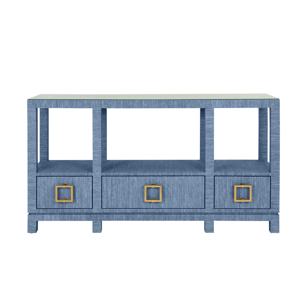 OPEN SHELF CONSOLE WITH THREE BOTTOM DRAWERS AND SQUARE SATIN BRASS HARDWARE IN DYED BLUE GRASSCLOTH