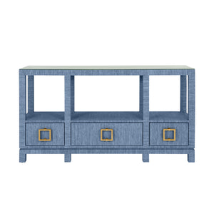 OPEN SHELF CONSOLE WITH THREE BOTTOM DRAWERS AND SQUARE SATIN BRASS HARDWARE IN DYED BLUE GRASSCLOTH
