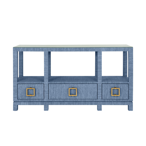 OPEN SHELF CONSOLE WITH THREE BOTTOM DRAWERS AND SQUARE SATIN BRASS HARDWARE IN DYED BLUE GRASSCLOTH