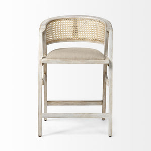 Tabitha 26.75" Seat Height Beige Fabric/Rattan Seat Blonde Wood Frame Counter Stool