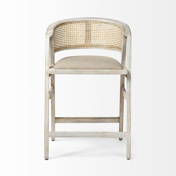 Tabitha 26.75" Seat Height Beige Fabric/Rattan Seat Blonde Wood Frame Counter Stool