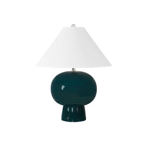 BULB SHAPE CERAMIC TABLE LAMP WITH WHITE LINEN COOLIE SHADE IN TEAL GREEN
