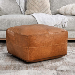 Black Leather Pouf with Classic Design