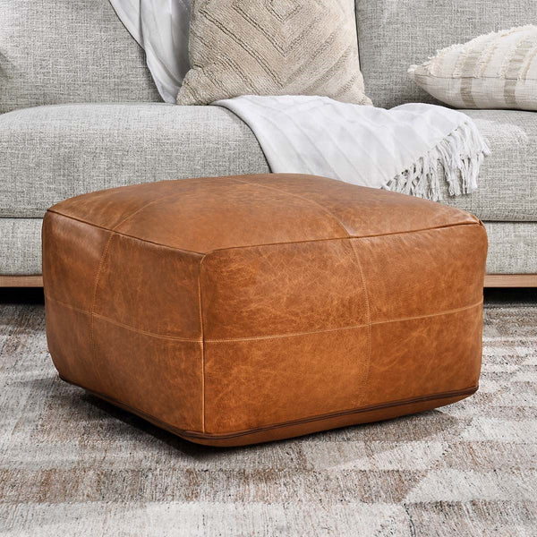 Black Leather Pouf with Classic Design