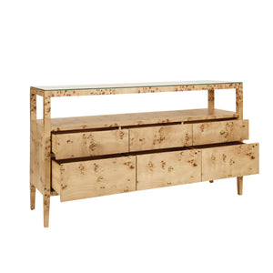 SIX DRAWER CONSOLE WITH OPEN SHELF IN BURL WOOD WITH POLISHED BRASS KNOBS