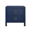 TWO DRAWER SIDE TABLE WITH ANTIQUE BRASS CIRCLE HARDWARE IN TEXTURED NAVY LINEN