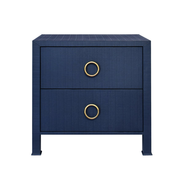 TWO DRAWER SIDE TABLE WITH ANTIQUE BRASS CIRCLE HARDWARE IN TEXTURED NAVY LINEN