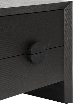 TWO DRAWER SIDE TABLE IN BLACK PAINTED GRASSCLOTH WITH BLACK OAK HANDLES