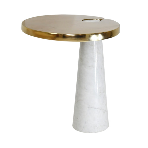 OVAL SIDE TABLE WITH BRASS TOP AND WHITE MARBLE PEDESTAL BASE
