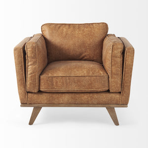 Brooks 41.7L x 34.8W x 33.5H Cognac Brown Faux Leather Chair W/ Medium Brown Wooden Legs