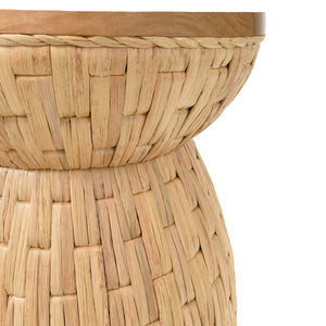 ROUND OCCASIONAL TABLE WITH WATER HYACINTH WEAVE AND MINDI WOOD TOP