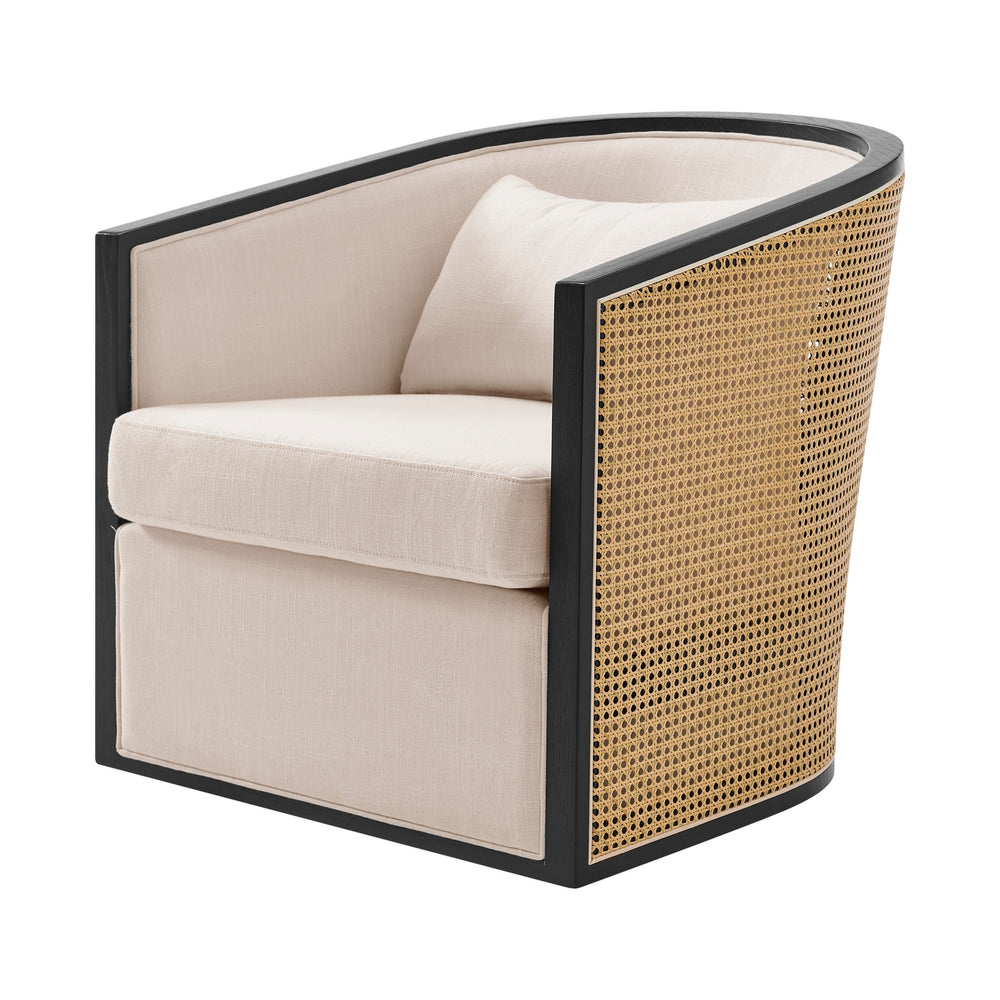 Marilyn Linen Swivel Accent Arm Chair w/ Rattan Black Frame, Shortbread/Natural