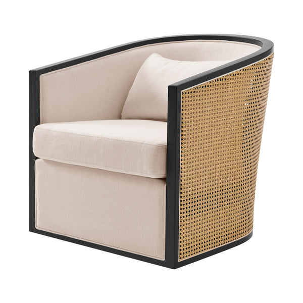Marilyn Linen Swivel Accent Arm Chair w/ Rattan Black Frame, Shortbread/Natural