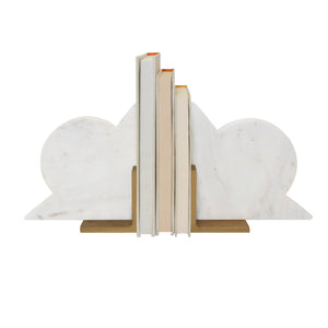 PAIR OF GEOMETRIC WHITE MARBLE BOOKENDS WITH BRASS DETAIL