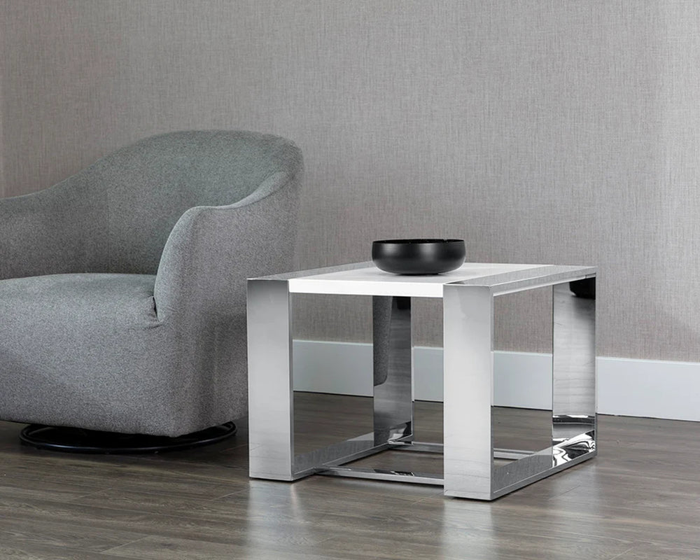 DALTON END TABLE - STAINLESS STEEL - HIGH GLOSS WHITE