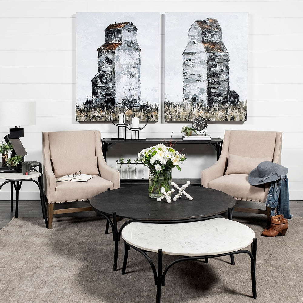 Etienne 36" Round White Marble Top Black Metal Base Coffee Table