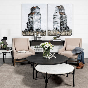 Etienne 36" Round White Marble Top Black Metal Base Coffee Table