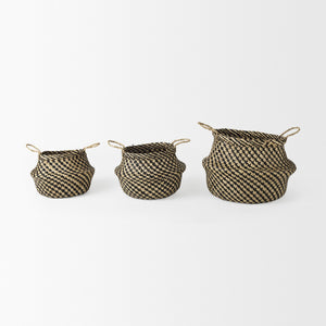 Gaia  17.7L x 17.7W x 20.5H Set of 3 Light and Dark Brown Cross Patterend Belly Seagrass Basket