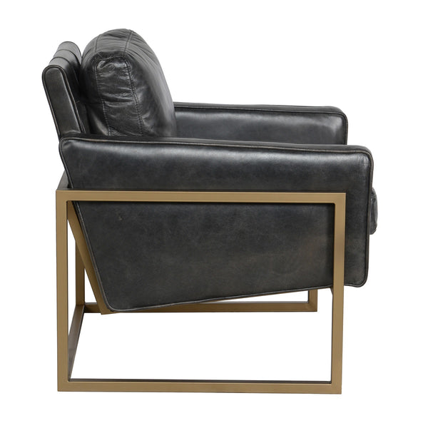 Ken Accent Chair in Jet Black Leather with Iron Base