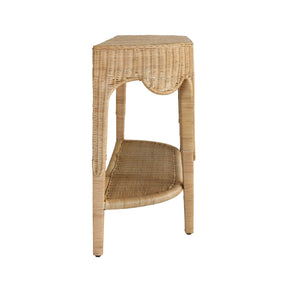 SCALLOPED TOP DEMI LUNE CONSOLE IN WOVEN RATTAN WITH OPEN SHELF