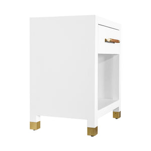 ONE DRAWER SIDE TABLE WITH RATTAN WRAPPED HANDLE IN MATTE WHITE LACQUER