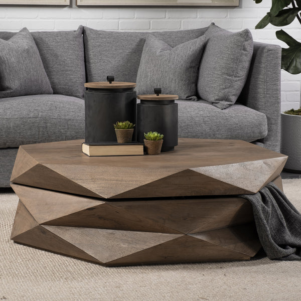 Arreto Hexagonal Hinged Solid Wood Top and Base Coffee Table