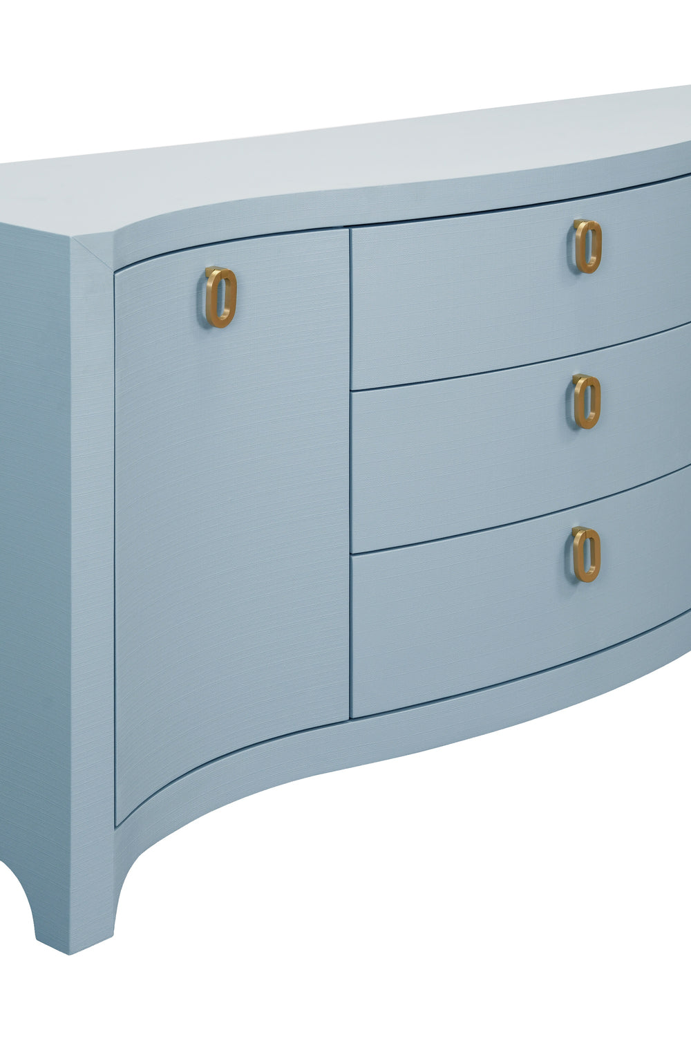 CURVED FRONT TWO DOOR THREE DRAWER BUFFET IN TEXTURED LIGHT BLUE LINEN WITH SATIN BRASS RING HARDWARE