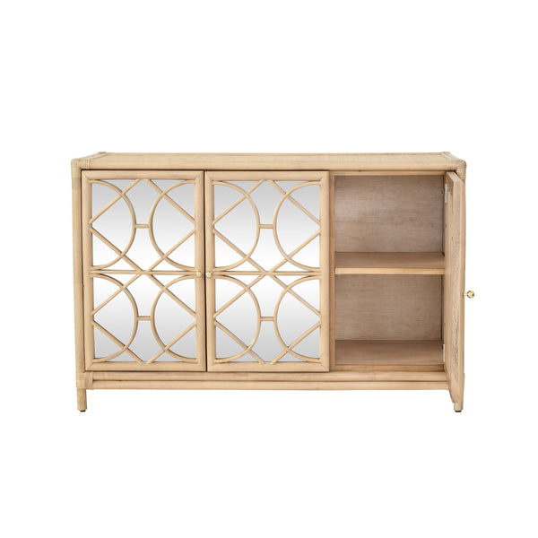 THREE DOOR DECORATIVE MIRROR FRONT BUFFET IN NATURAL RATTAN