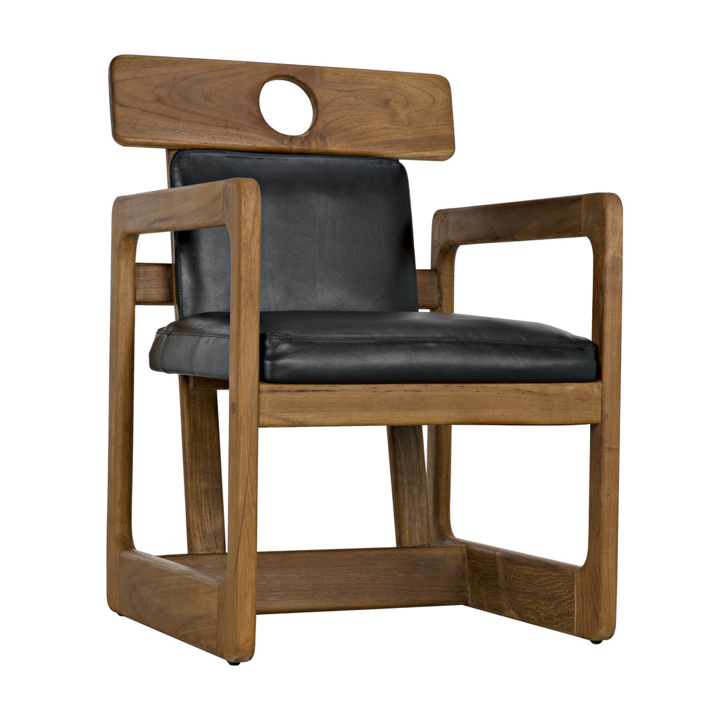Buraco Teak Armchair with Gloss Finish and Black Leather Upholstery