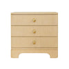 THREE DRAWER ROUNDED EDGE SIDE TABLE WITH BRASS BEETLE KNOB IN NATURAL GRASSCLOTH