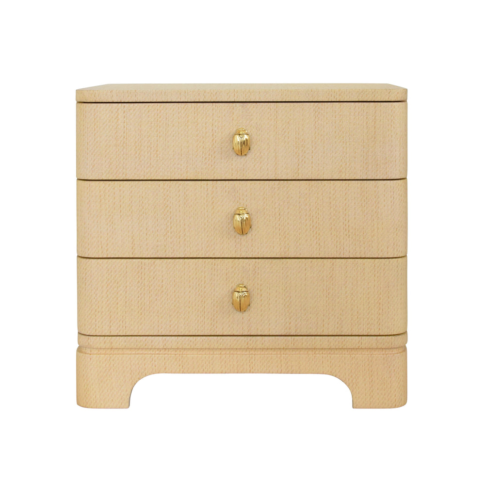 THREE DRAWER ROUNDED EDGE SIDE TABLE WITH BRASS BEETLE KNOB IN NATURAL GRASSCLOTH