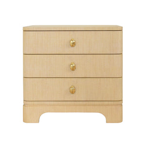 THREE DRAWER ROUNDED EDGE SIDE TABLE WITH BRASS BEETLE KNOB IN NATURAL GRASSCLOTH